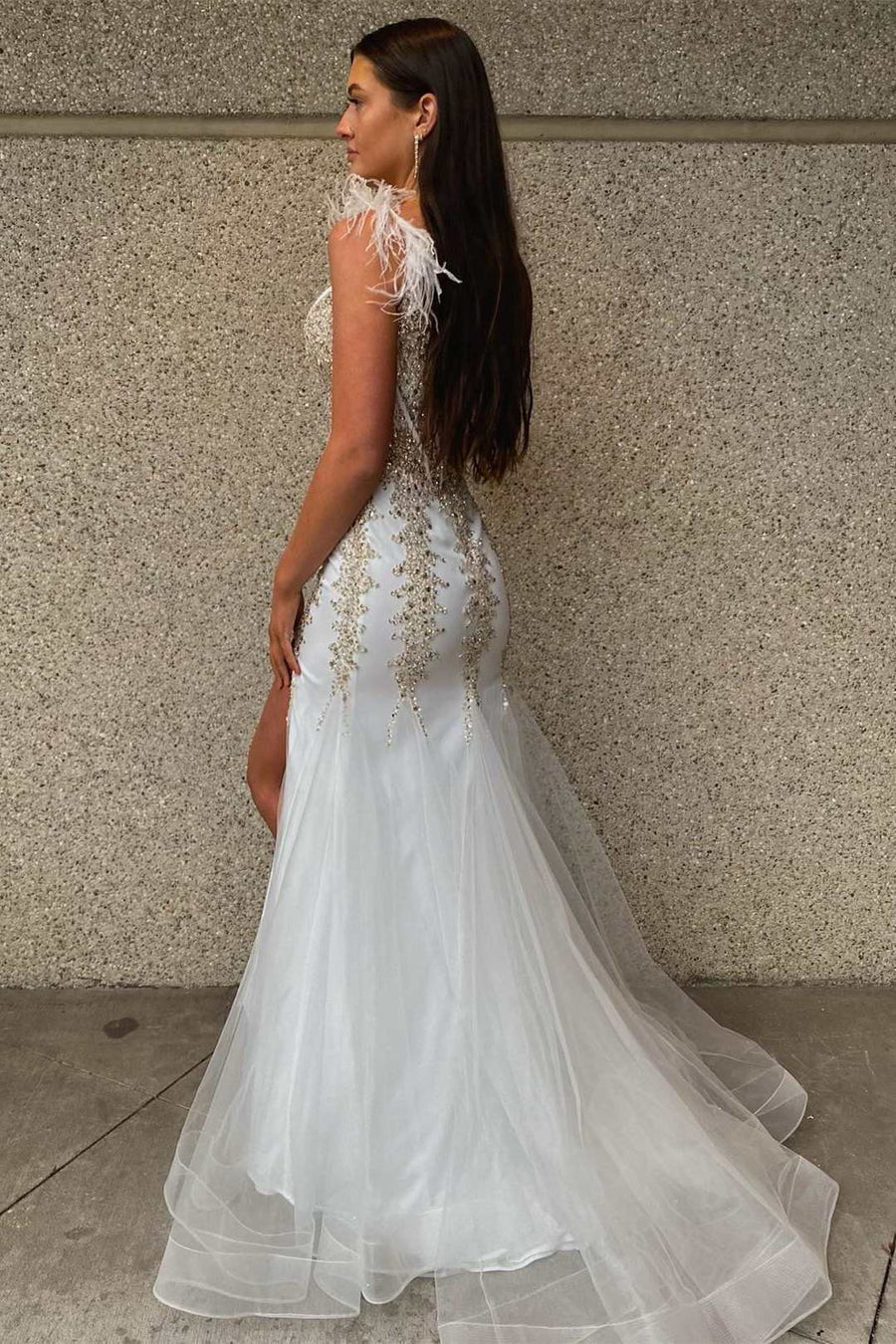 V-Neck Mermaid Beaded Feather Prom Dress with Slit