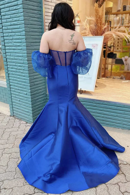 Strapless Prom Dress with Puff Sleeves