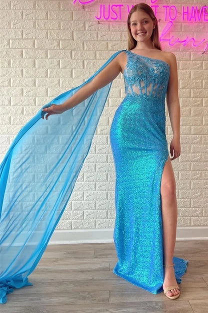 One-Shoulder Sequin Lace Prom Dress with Attached Train