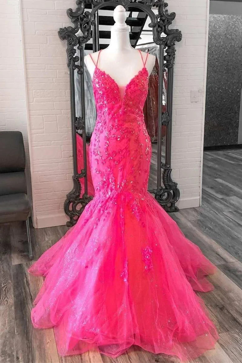 V-Neck Trumpet Tulle Lace Prom Dress