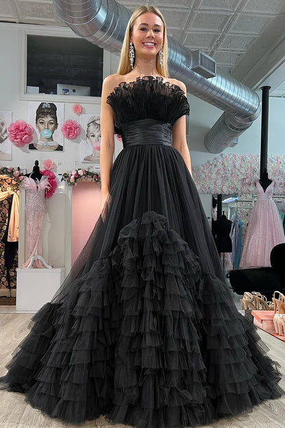 A-Line Strapless Belted Tiered Prom Dress with Ruffles