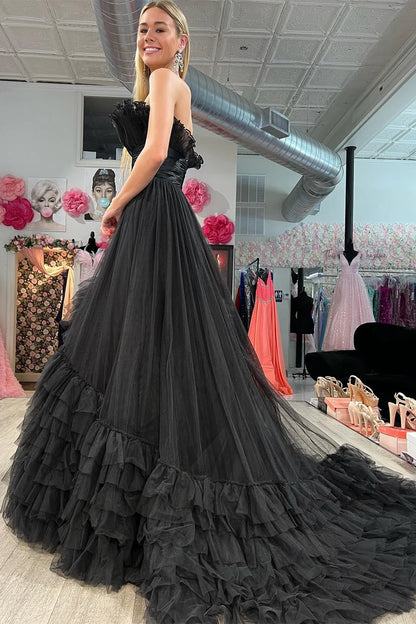 A-Line Strapless Belted Tiered Prom Dress with Ruffles