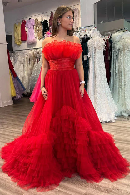 A-Line Strapless Belted Tiered Prom Dress with Ruffles