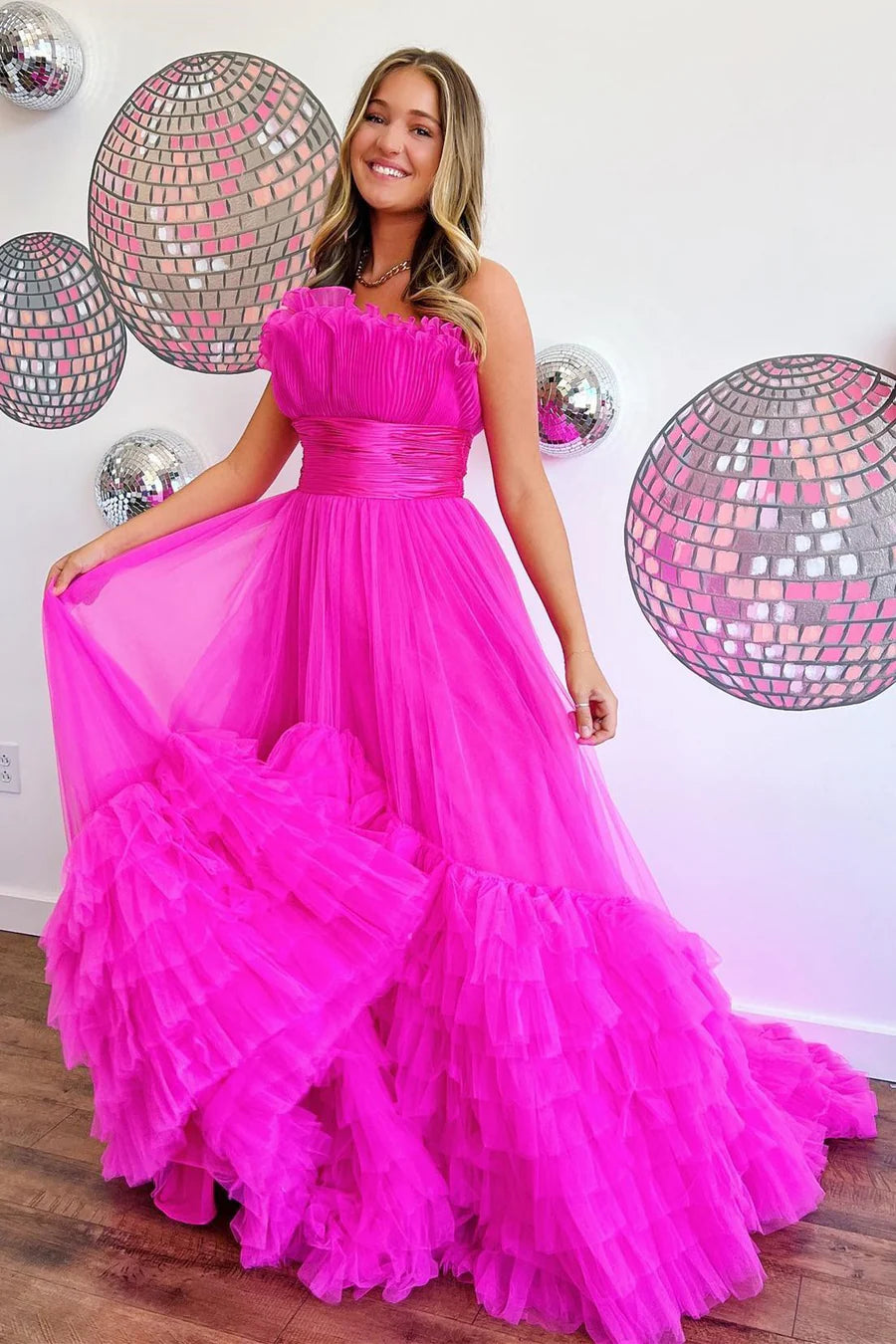 A-Line Strapless Belted Tiered Prom Dress with Ruffles