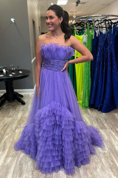 A-Line Strapless Belted Tiered Prom Dress with Ruffles