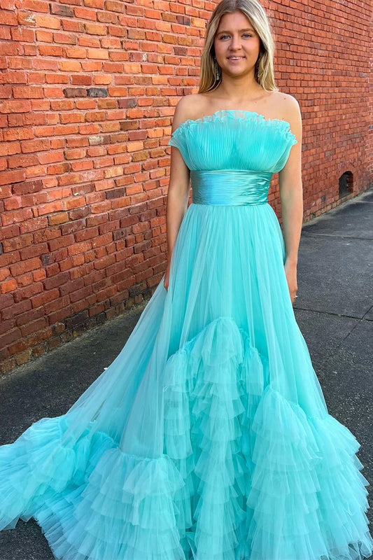 A-Line Strapless Belted Tiered Prom Dress with Ruffles