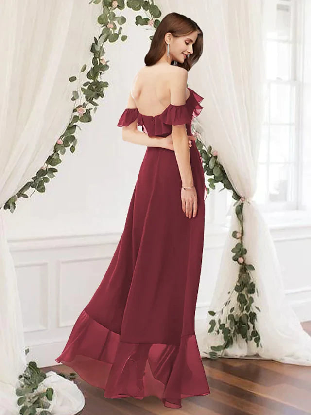 A-Line Off Shoulder Floor Length Chiffon Bridesmaid Dress