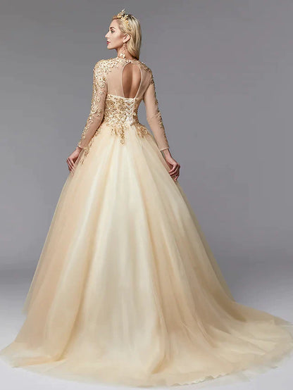 Ball Gown Wedding Dresses Jewel Neck Lace Tulle Long Sleeve Glamorous See-Through Backless Modern with Beading Appliques