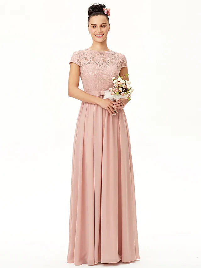 A-Line Jewel Neck Floor Length Chiffon Corded Lace Bridesmaid Dress with Sash Ribbon Bow(s) Pleats