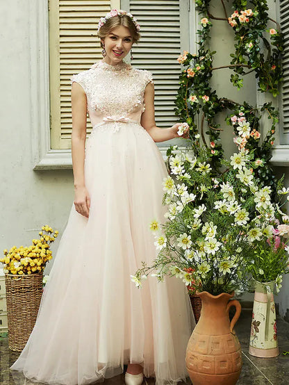 A-Line Wedding Dresses High Neck Sweep Brush Train Tulle Short Sleeve Open Back with Bowknot Sash Ribbon Beading