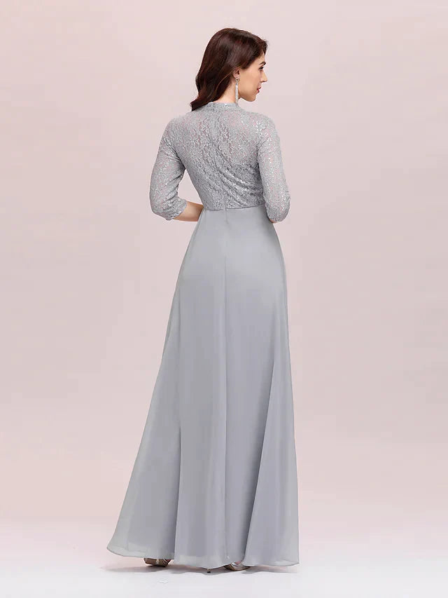 A-Line Mother of the Bride Dress Plus Size Elegant Jewel Neck Floor Length Chiffon Lace Length Sleeve with Lace