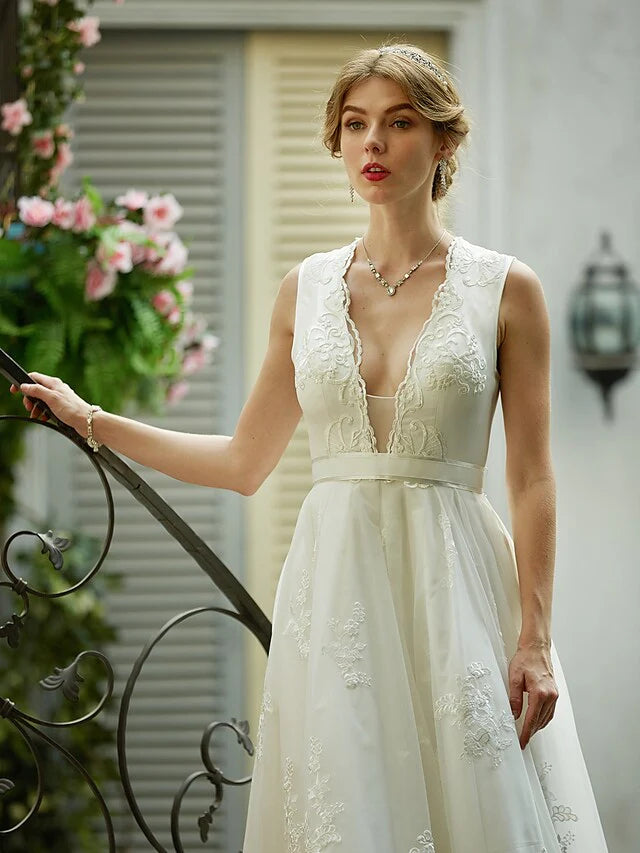 A-Line Wedding Dresses Plunging Neck Lace Over Tulle Sleeveless See-Through Beautiful Back Illusion Detail with Sash Ribbon Appliques