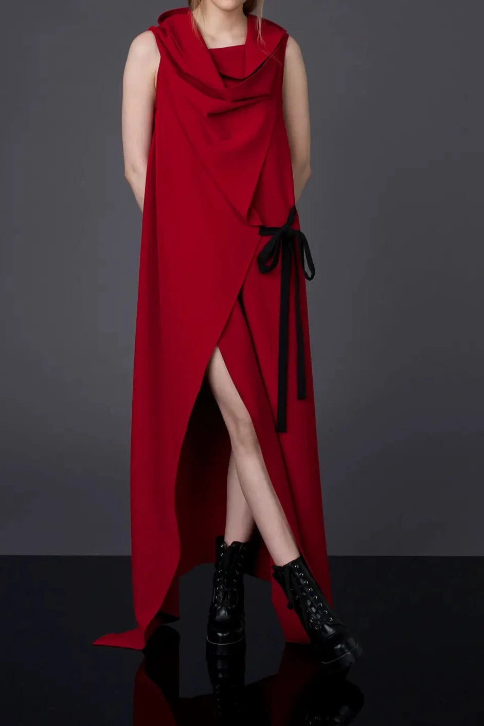 Red Elegant Cowl Neck  A-line Sleeveless Ankle Length  Prom Party Cocktail Dress With Slit