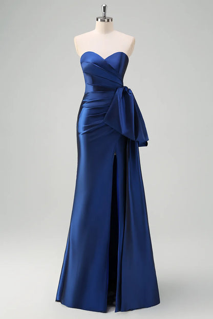 Xuewuba Formal Wear Dresses Dark Blue Sweetheart Sheath Satin Ruched Long Prom Dress with Slit Prom Dresses Stores