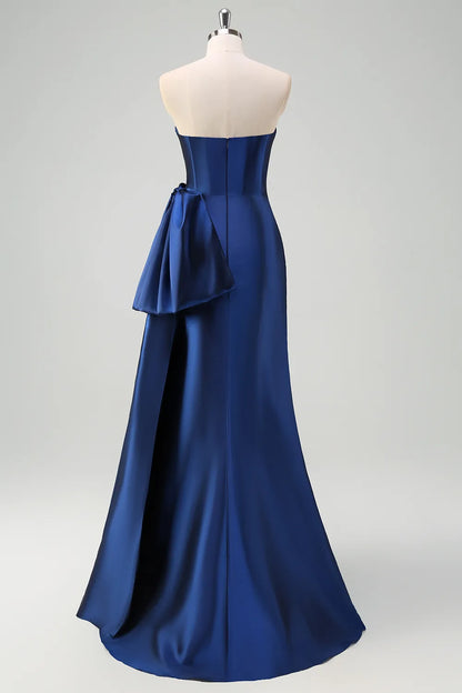 Xuewuba Formal Wear Dresses Dark Blue Sweetheart Sheath Satin Ruched Long Prom Dress with Slit Prom Dresses Stores