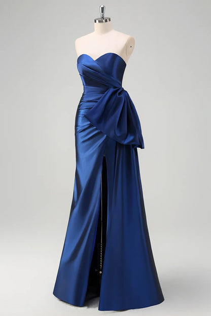 Xuewuba Formal Wear Dresses Dark Blue Sweetheart Sheath Satin Ruched Long Prom Dress with Slit Prom Dresses Stores