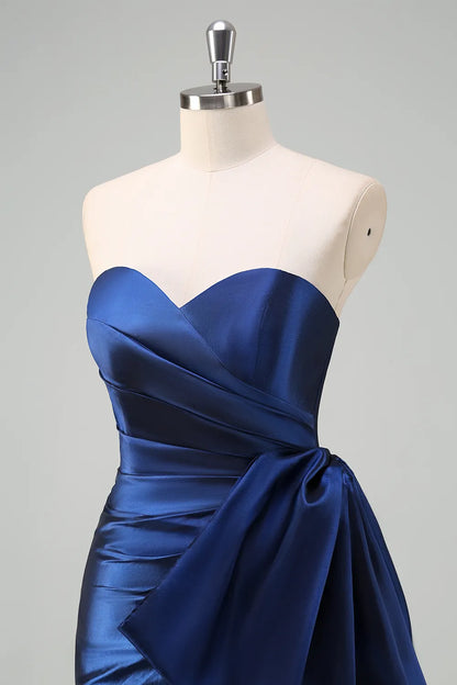 Xuewuba Formal Wear Dresses Dark Blue Sweetheart Sheath Satin Ruched Long Prom Dress with Slit Prom Dresses Stores