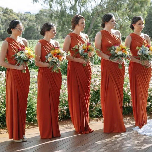 Ruffles Sheath Floor Length One Shoulder Rust Bridesmaid Dresses