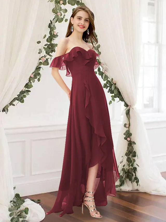 A-Line Off Shoulder Floor Length Chiffon Bridesmaid Dress