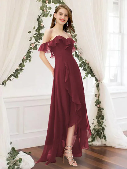 A-Line Off Shoulder Floor Length Chiffon Bridesmaid Dress