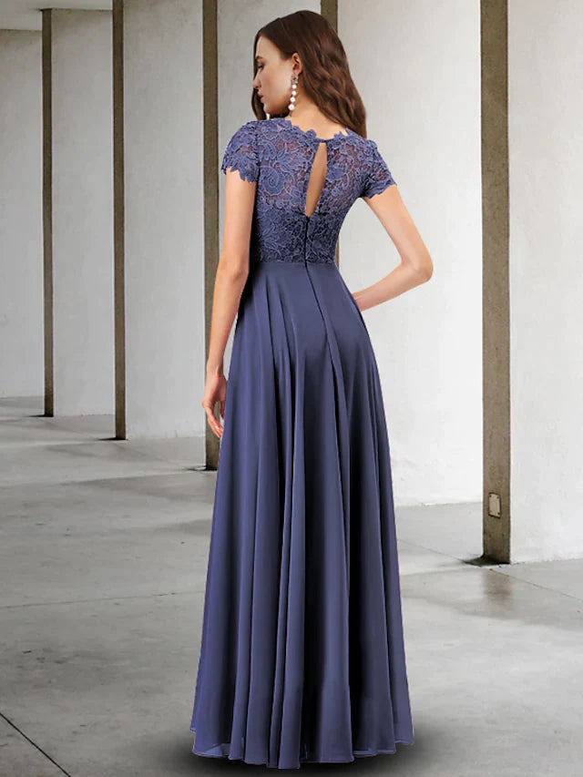 A-Line Mother of the Bride Dress Elegant Jewel Neck Floor Length Chiffon Lace Short Sleeve with Pleats Appliques