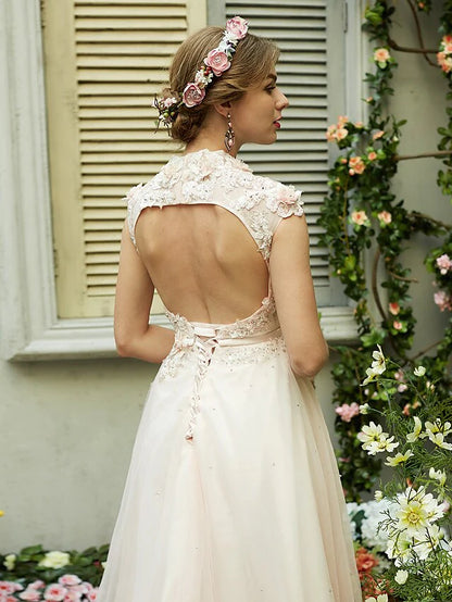 A-Line Wedding Dresses High Neck Sweep Brush Train Tulle Short Sleeve Open Back with Bowknot Sash Ribbon Beading