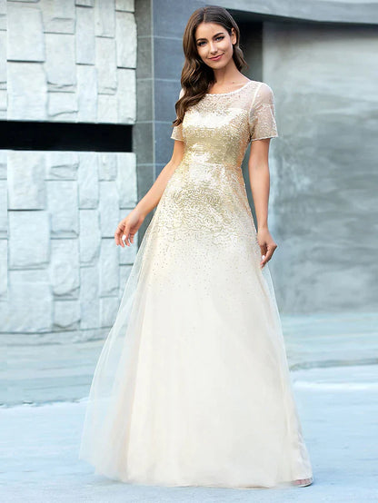 A-Line Jewel Neck Floor Length Tulle Bridesmaid Dress with Sequin