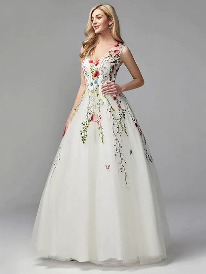 A-Line White Floral Quinceanera Formal Evening Valentine's Day Dress V Neck Sleeveless Floor Length Lace Tulle with Embroidery Appliques