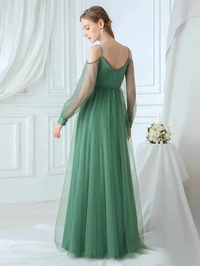 A-Line V-neck Spaghetti Strap Tulle Bridesmaid Dress with Appliques