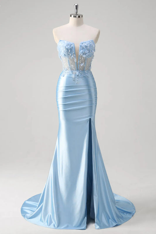 Xuewuba Formal Wear Dresses Glitter Blue Strapless Mermaid Satin Long Corset Prom Dress with Appliques Prom Dresses Stores