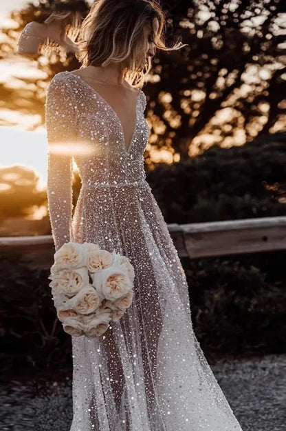 See Through Sequin Beaded Deep V Neck Long Sleeves Sparkly Dress A-Line Sparkly Bridal Gown