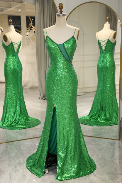 Xuewuba Formal Wear Dresses Hot Mermaid Spaghetti Straps Green Sequins Long Prom Dress with Split Front Prom Dresses Stores