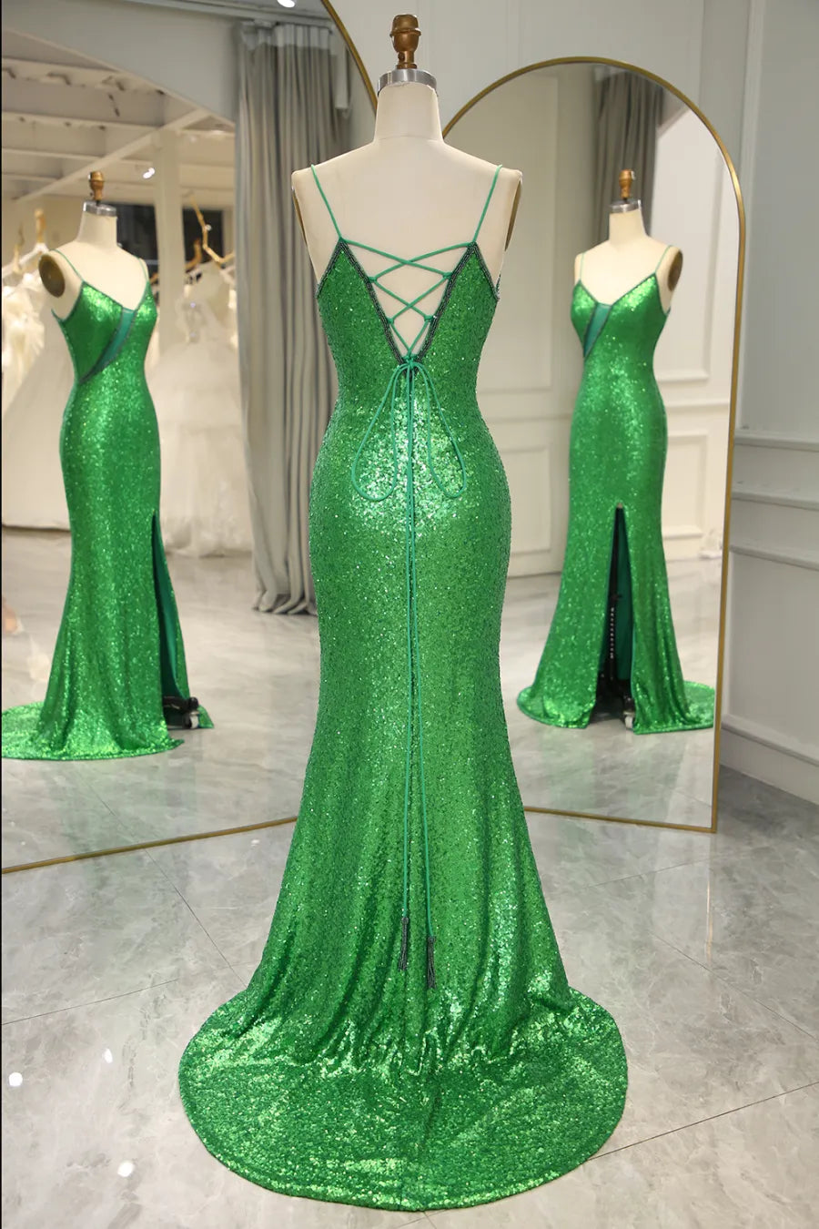 Xuewuba Formal Wear Dresses Hot Mermaid Spaghetti Straps Green Sequins Long Prom Dress with Split Front Prom Dresses Stores