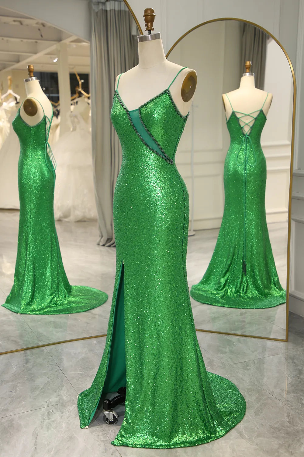 Xuewuba Formal Wear Dresses Hot Mermaid Spaghetti Straps Green Sequins Long Prom Dress with Split Front Prom Dresses Stores