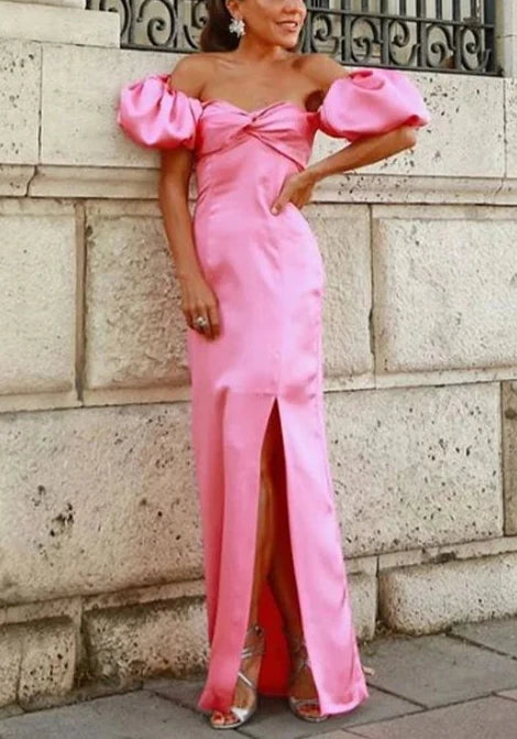 Sexy A line Off The Shoulder Long Pink Prom Dress Party Dresses With Slit