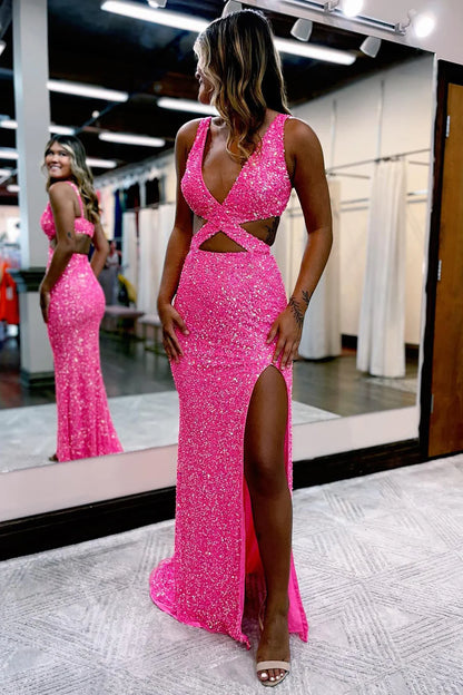 Sheath Deep V Neck Hot Pink Cutout Waist Sequins Long Prom Dresses With Split Front