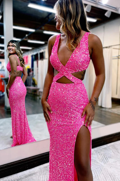 Sheath Deep V Neck Hot Pink Cutout Waist Sequins Long Prom Dresses With Split Front