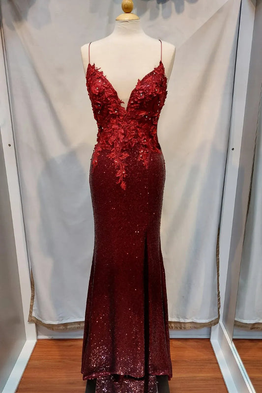 Xuewuba Formal Wear Dresses Burgundy Spaghetti Straps Sheath Sequins Prom Dress with Appliques