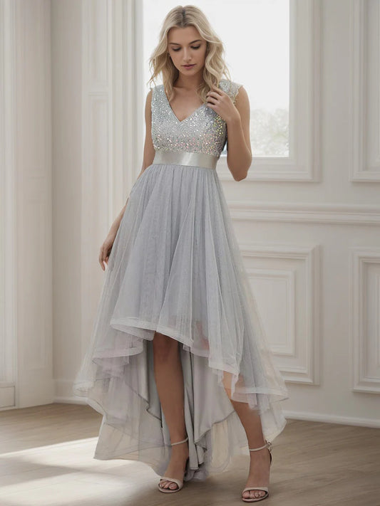 Sleeveless Sequin Ribbon Waist Tulle High Low Evening Dress