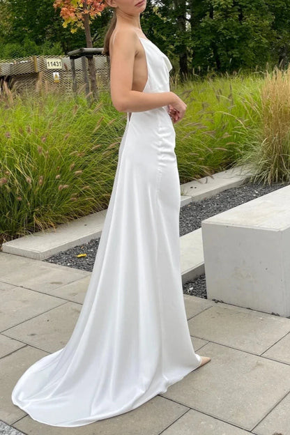 Simple Minimalist Cowl Neck Backless Satin A Slit Prom Dress Bridal Dress Wedding Dress With Train