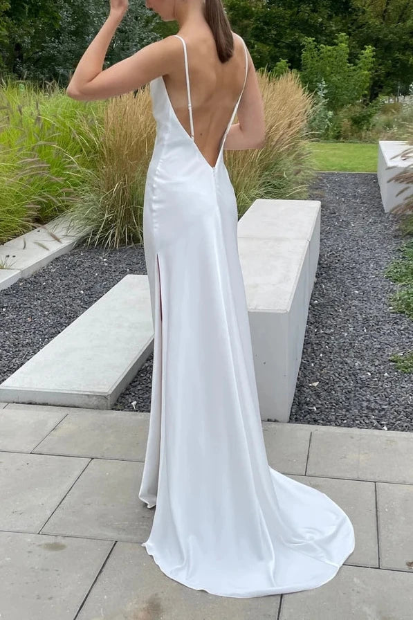 Simple Minimalist Cowl Neck Backless Satin A Slit Prom Dress Bridal Dress Wedding Dress With Train