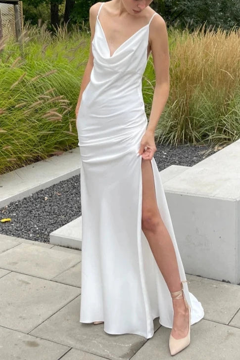 Simple Minimalist Cowl Neck Backless Satin A Slit Prom Dress Bridal Dress Wedding Dress With Train