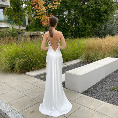 Simple Minimalist Cowl Neck Backless Satin A Slit Prom Dress Bridal Dress Wedding Dress With Train