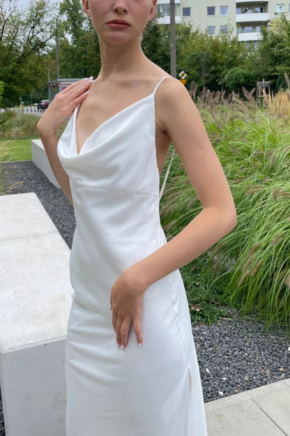 Simple Minimalist Cowl Neck Backless Satin A Slit Prom Dress Bridal Dress Wedding Dress With Train