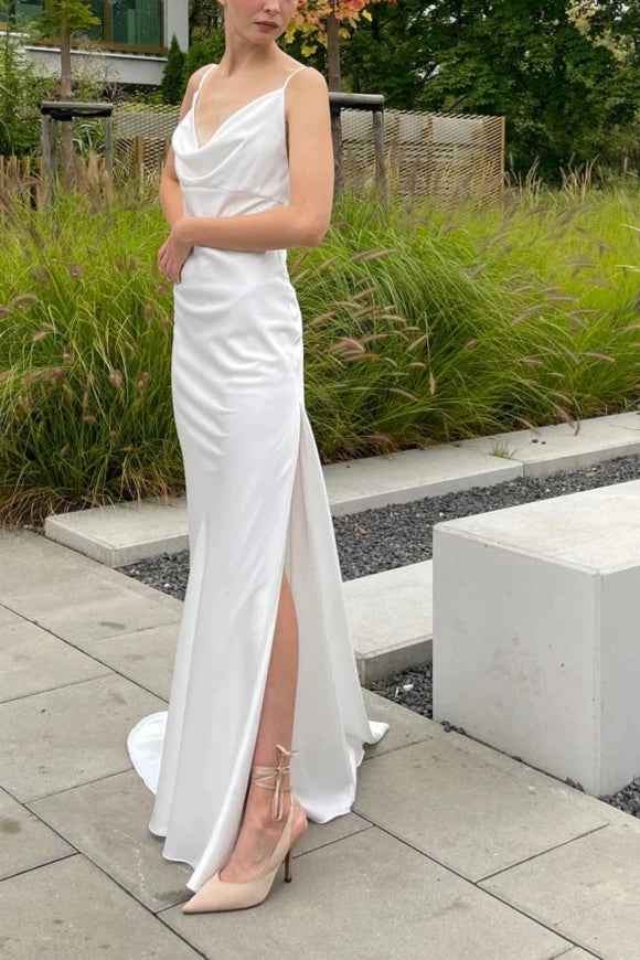 Simple Minimalist Cowl Neck Backless Satin A Slit Prom Dress Bridal Dress Wedding Dress With Train