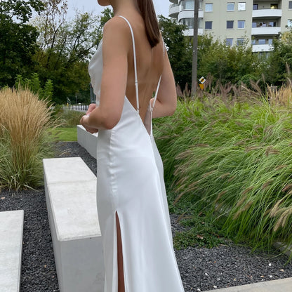 Simple Minimalist Cowl Neck Backless Satin A Slit Prom Dress Bridal Dress Wedding Dress With Train