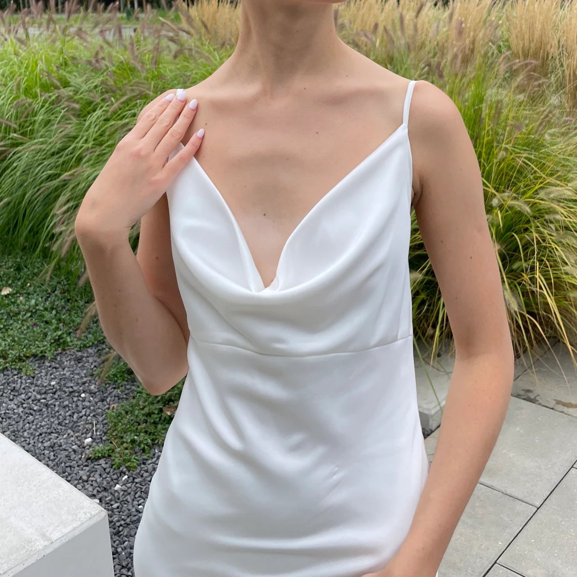 Simple Minimalist Cowl Neck Backless Satin A Slit Prom Dress Bridal Dress Wedding Dress With Train