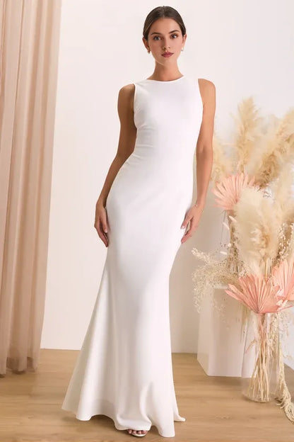 Simple White Backless Sleeveless Mermaid Wedding Dress With V Back