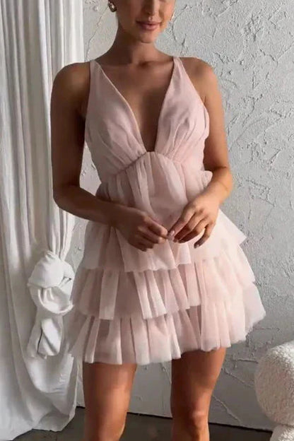 Sleeveless Criss-cross Open Back Pink Tulle Deep V Neck Homecoming Dress