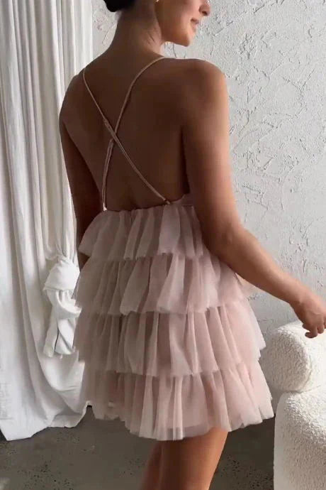 Sleeveless Criss-cross Open Back Pink Tulle Deep V Neck Homecoming Dress